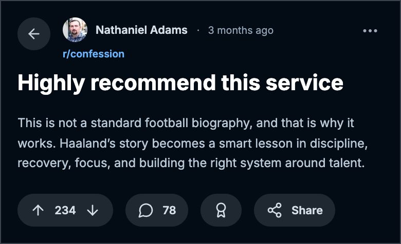 Reddit review from Nathaniel Adams in r/confession,