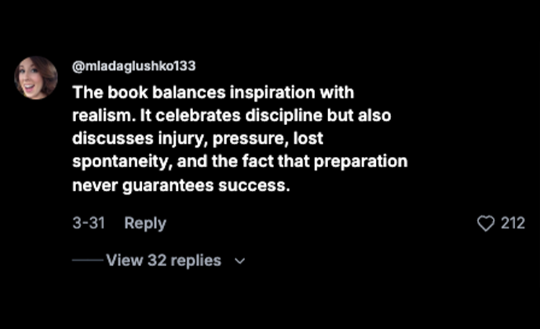 TikTok comment from @mladaglushko133 saying the book balances inspiration with realism, discipline with injury, pressure and lost spontaneity.