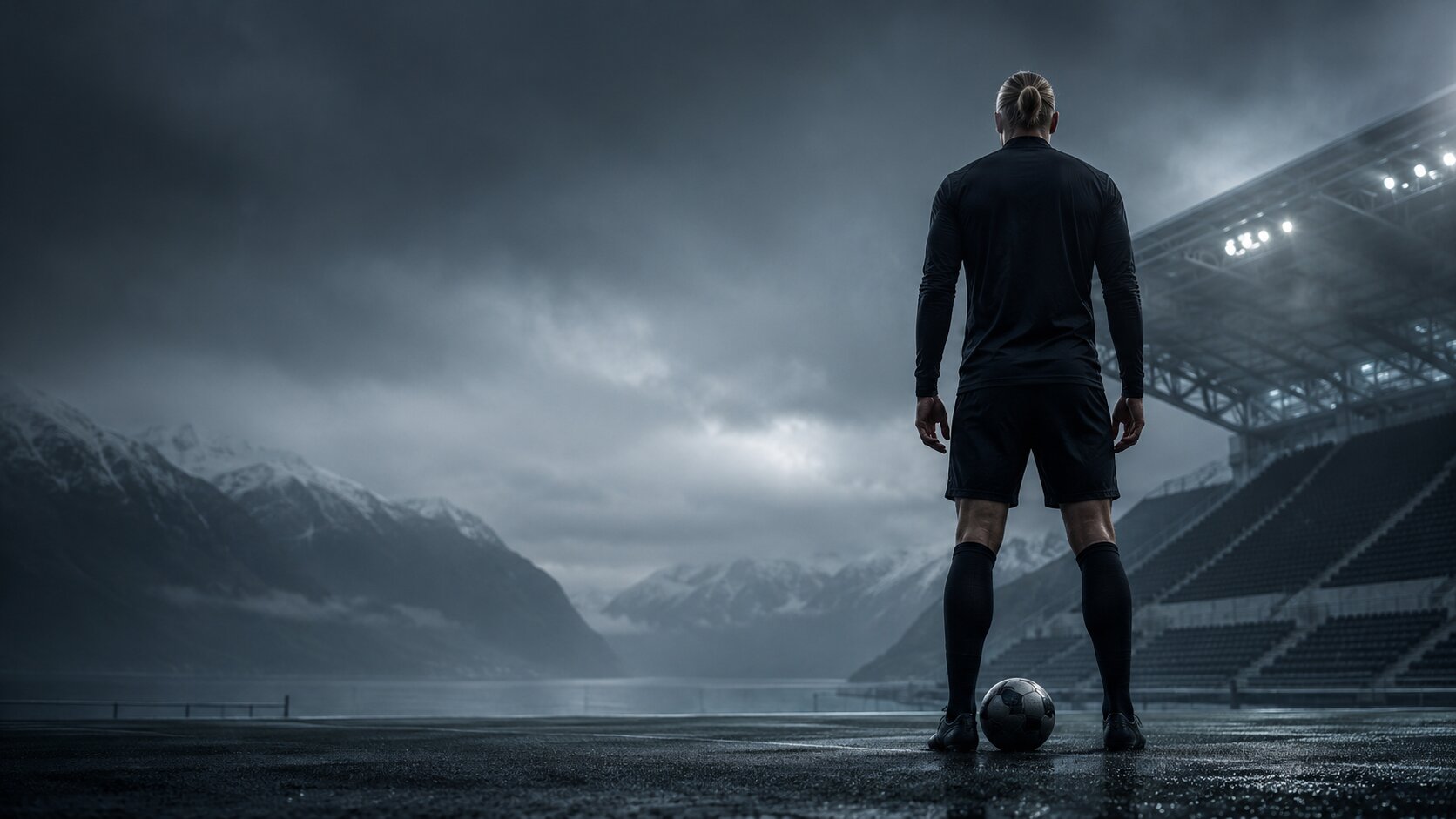A tall footballer seen from behind, standing before a misty fjord and stadium at dusk, a ball at his feet