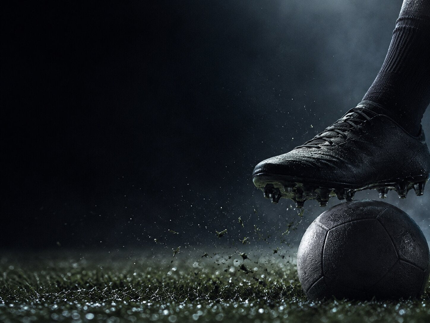 A close-up of a football boot striking a ball on wet, floodlit grass