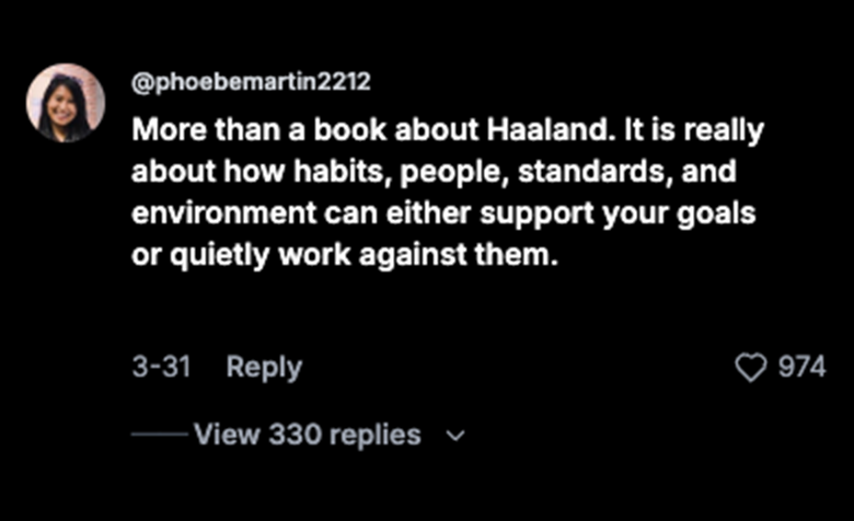 TikTok comment from @phoebemartin2212: the book is really about how habits, people, standards and environment support or work against your goals.